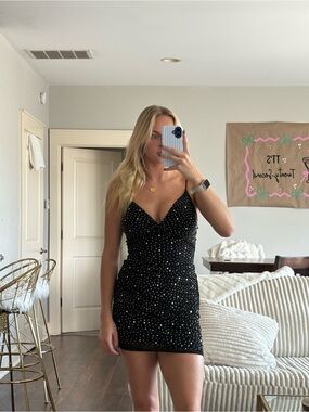 Windsor Black Rhinestone Spaghetti-Strap Mini Dress